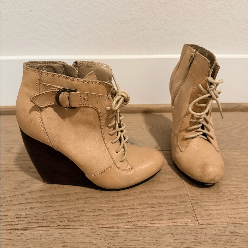 Seychelles Beige Lace-Up Wedge Booties